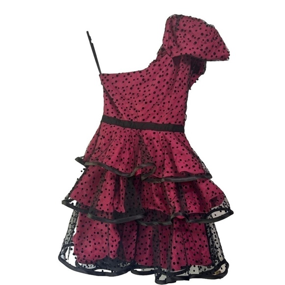Pearl Georgina Chapman black & pink polkadot ruffle one shoulder Cocktail Dress - Picture 5 of 8